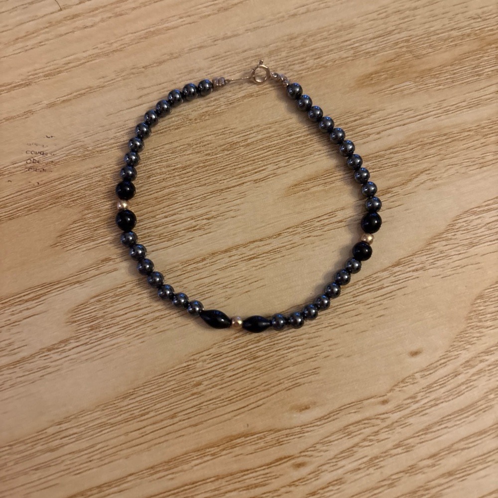 14K Gold Black Onyx and Hematite Beaded Bracelet
